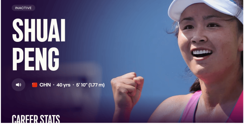 Photo of Peng Shuai (aka Shuai Peng) on the WTA website. Related text list her country as CHN and that she is currently 40 yrs old